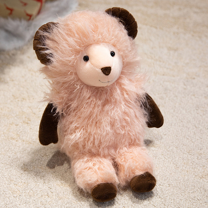 Plüschiger, flauschiger, ram-inspirierter Teddy mit langem Kunstfellmantel und besticktem Gesicht Karnz
