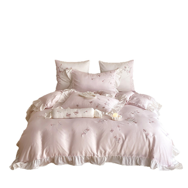 Satin-Bettwäsche-Set mit luxuriöser Baumwollsatin-Qualität, bestickten Schmetterlingen und Rosen sowie Volant