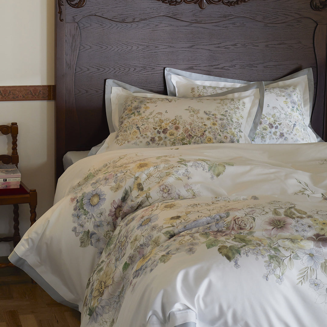 Florales Medaillon Baumwollsatin Bettbezug Set mit gestickten Kissenbezügen