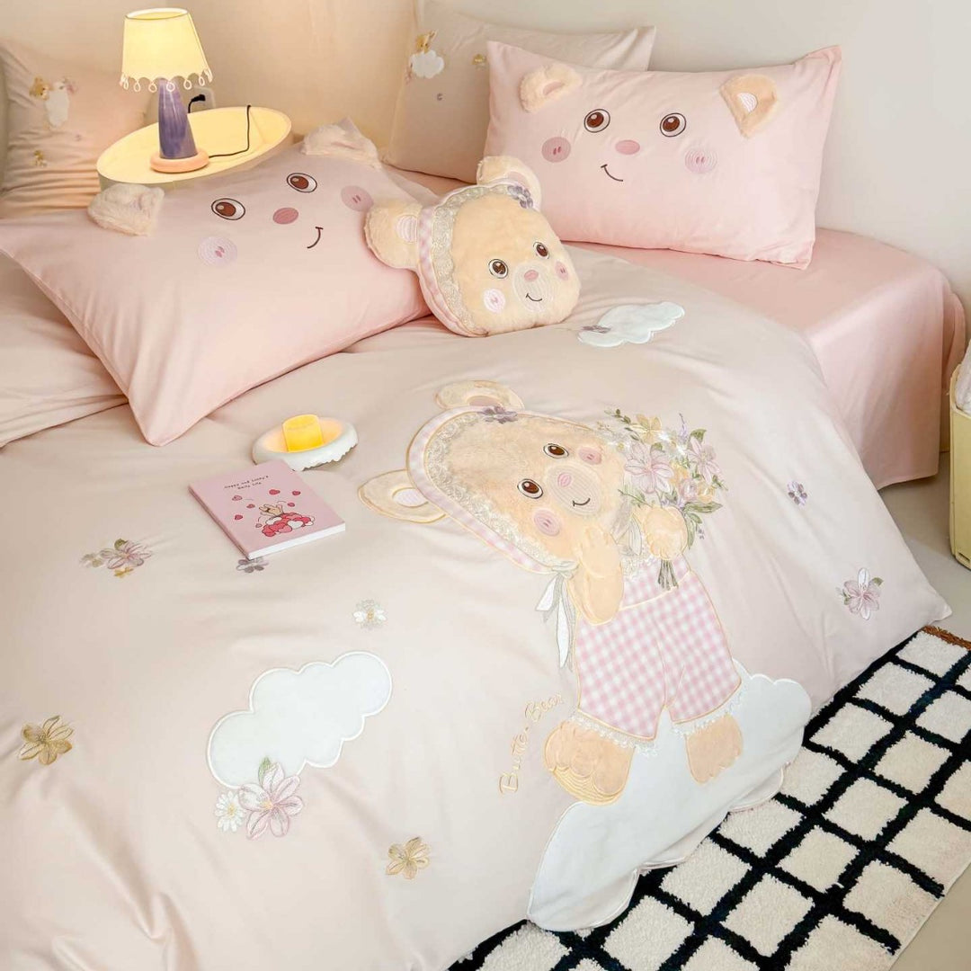 Teddy Applikation Baumwoll-Satin Bettbezug Set mit Plüsch Ohren Kissenbezügen