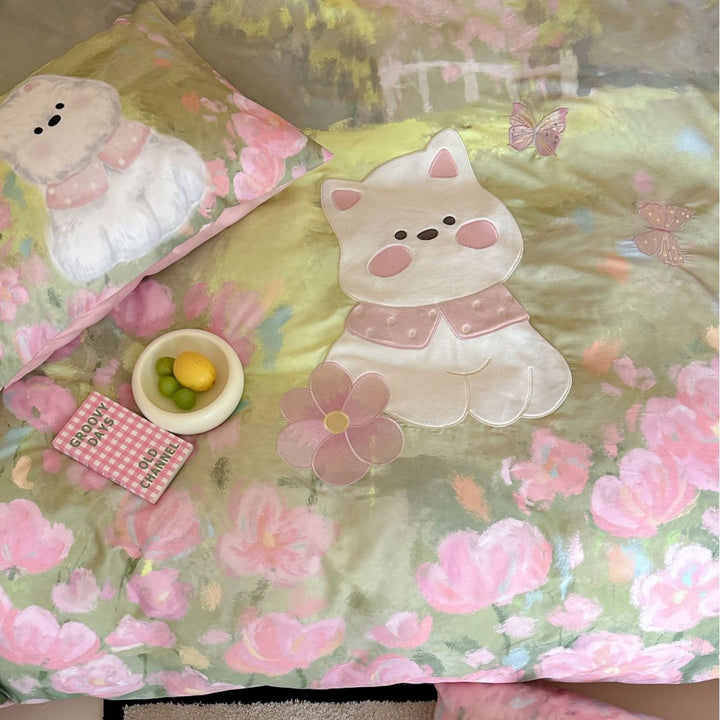 Floral Aquarell Katze Applikation Bettdeckenbezug Bettwäsche Set mit Wendekissenbezügen
