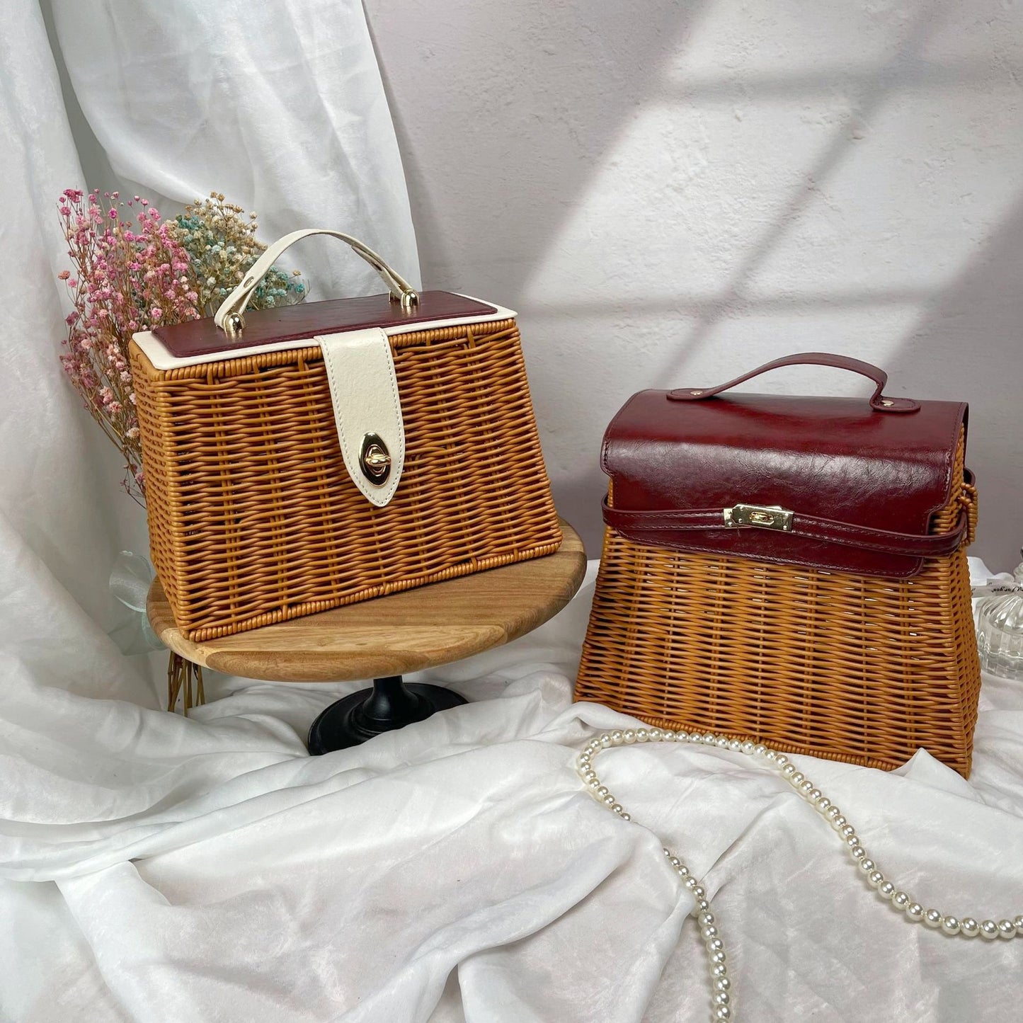 Damen eleganter geflochtener Handtasche mit Holzdeckel Karnz