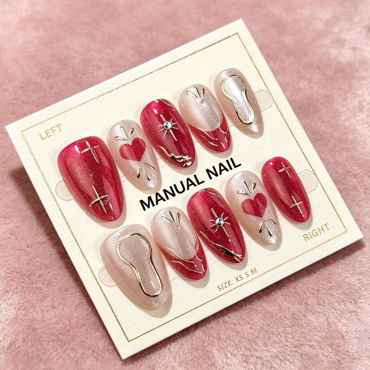 Künstlerisches Press-On-Nagelset mit Herz- und Stern-Designs