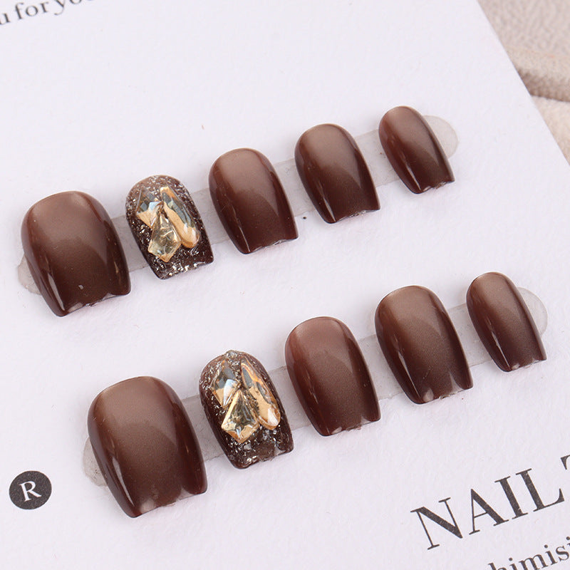Premium Künstlerischer Press-On Nagelset mit Edelstein Akzenten Karnz
