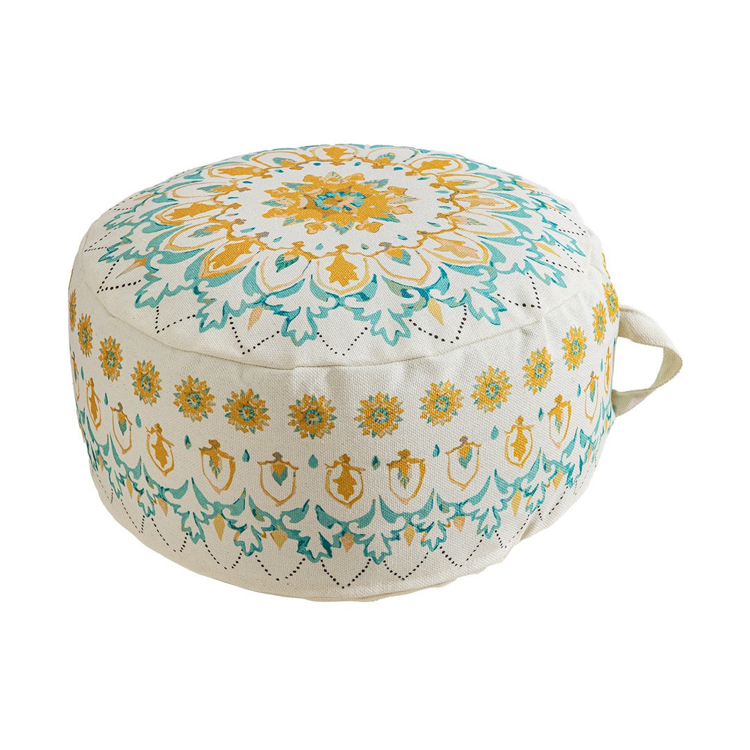 Rundes Sitzpouf mit gewebtem Baumwollbezug und ethnischem Mandala-Print Karnz