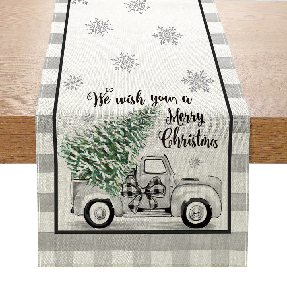Festive Buffalo-Check Leinen-Textur Weihnachts Tischläufer mit Baum und Schaukelpferd Druck