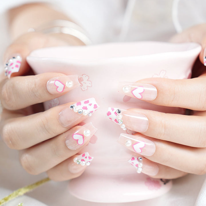 Dekorative 3D Herz und Leopardenmuster Press-On Nagelset Karnz