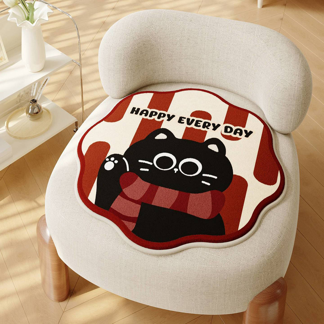 Decorative Scalloped Round Chair Seat Cushion Pad with Cartoon Cat and Polka Dot Print