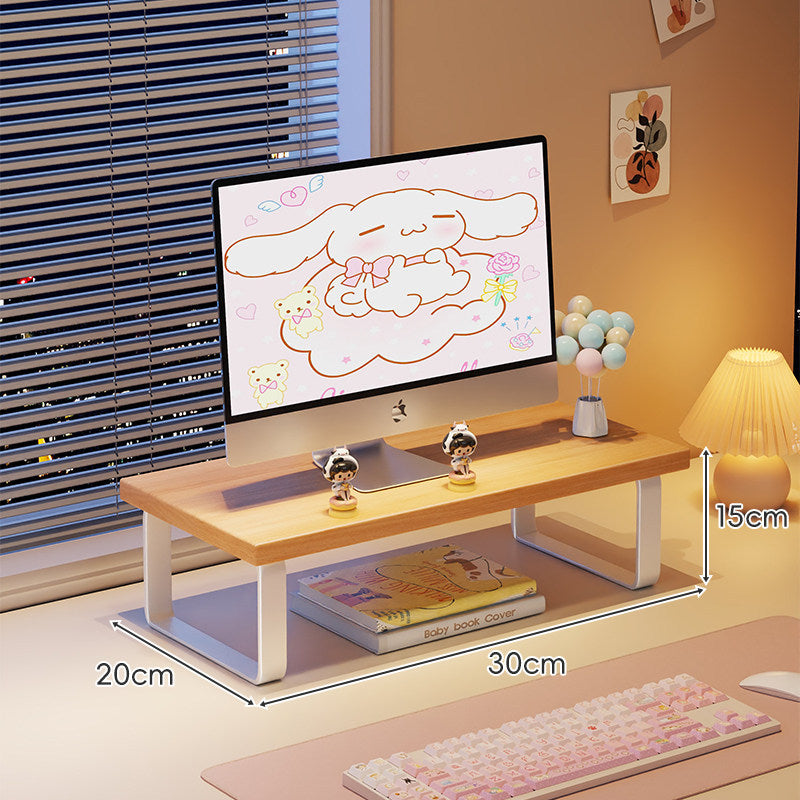 Kompakte Holz-Desktop-Monitorerhöhung mit Metallbeinen und unterer Ablagefläche