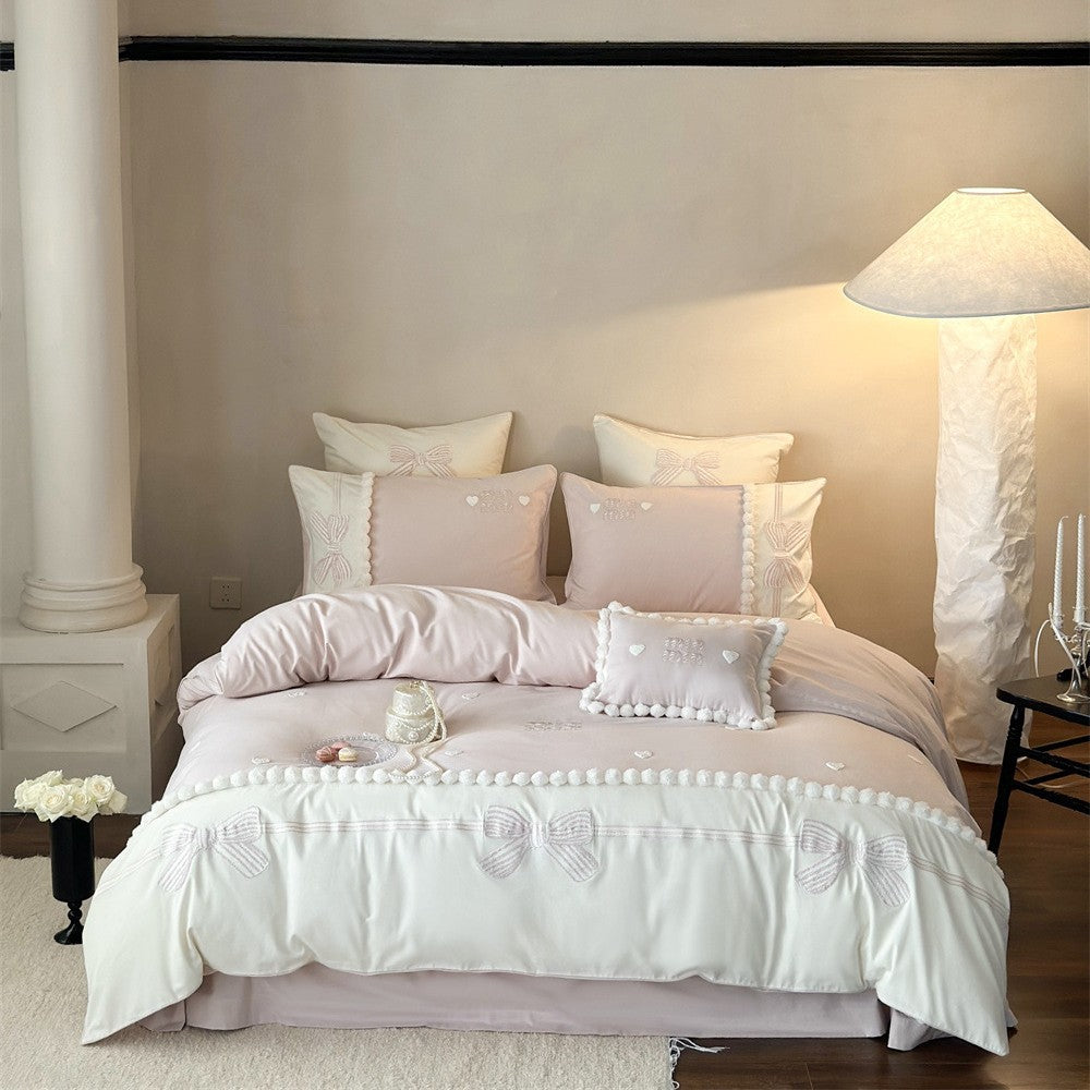 Bestickte Schleife und Pom-Pom Besatz Luxus Bettbezug Set