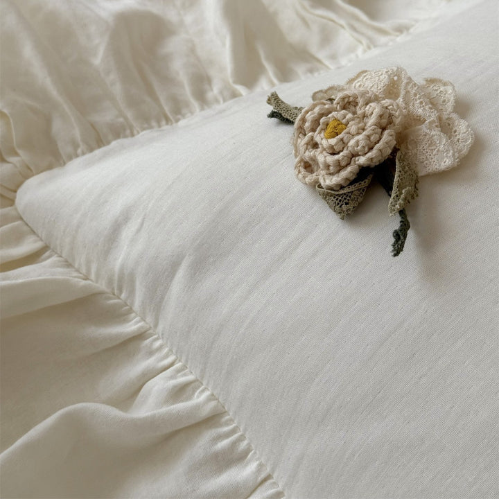 Gewaschenes Leinen Rüschen-Bettbezug-Set mit besticktem Blumenapplikation