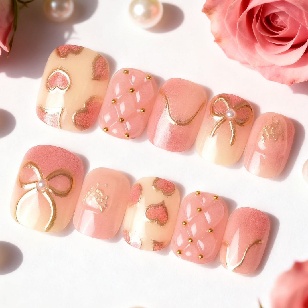 Elegantes Herz- und Band-Thema Press-On Nagelset Karnz