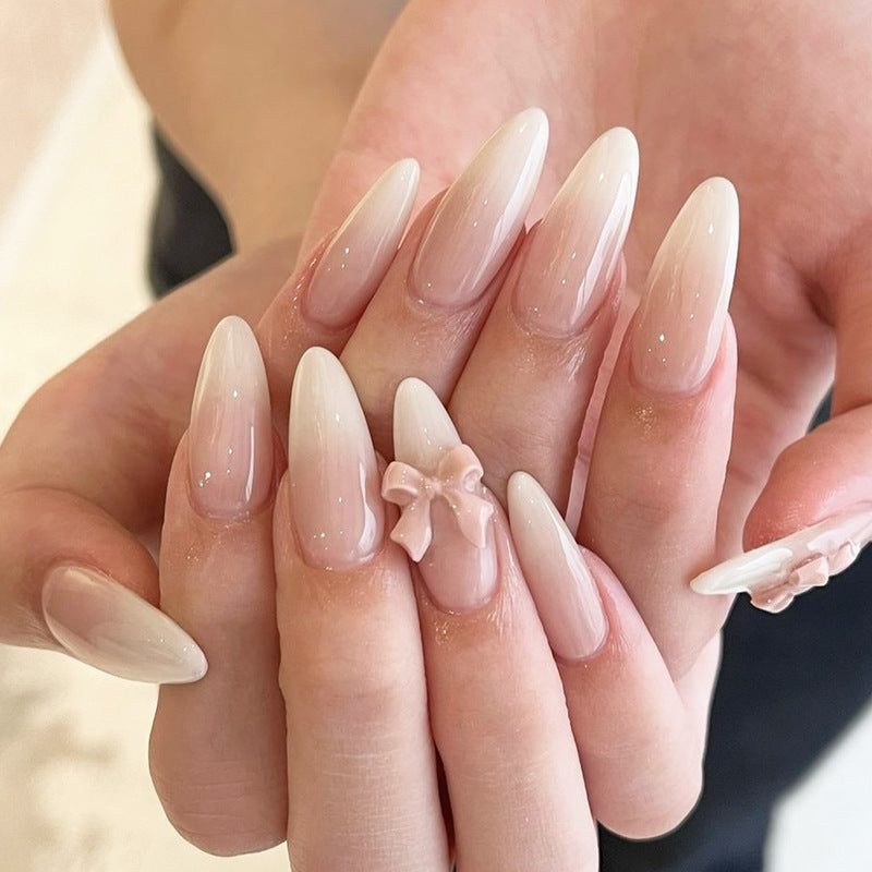 Elegantes Press-On Nail Art Set mit glänzender Oberfläche und süßen Schleifendetails Karnz