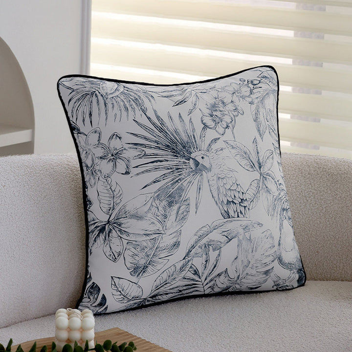 Quadratischer Zierkissenbezug mit botanischem Papageien-Illustrationsdruck und feiner Kedernaht Karnz