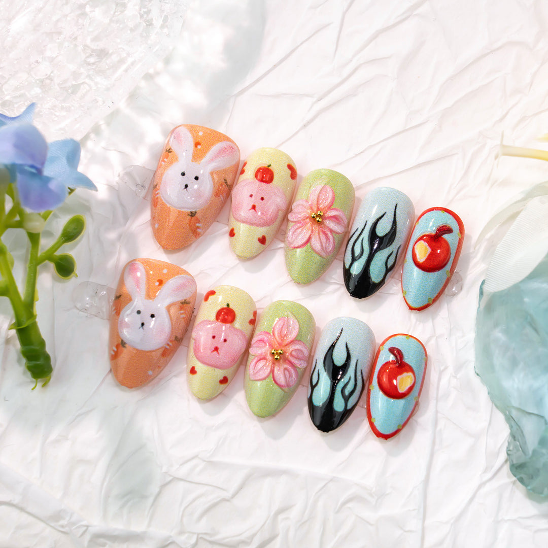 Verspieltes Kaninchen und Blumen Press-On Nagelkunst Set