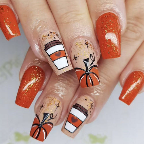 Saisonales Kürbis-Themen Press-On Nagelkunst Design Karnz
