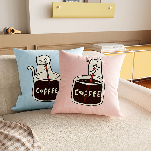 Square Decorative Pillow Cover with Cute Cat Stirring Coffee Illustration Soft Plush Removable Cushion Cover Hidden Zipper