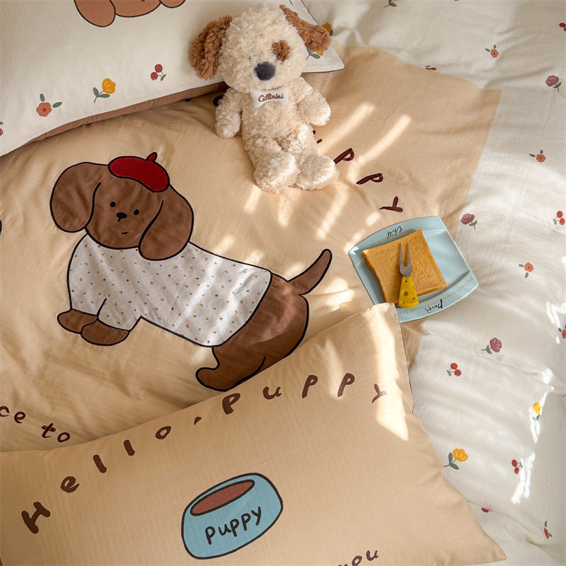 Niedliches Cartoon-Hund Baumwolle Bettbezug Set mit Kissenbezügen und wendbarem Blumenrand