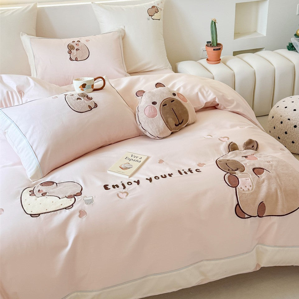 Kawaii-Bettwäsche-Garnitur mit applizierten Plüschbären und atmungsaktivem Baumwollsatin