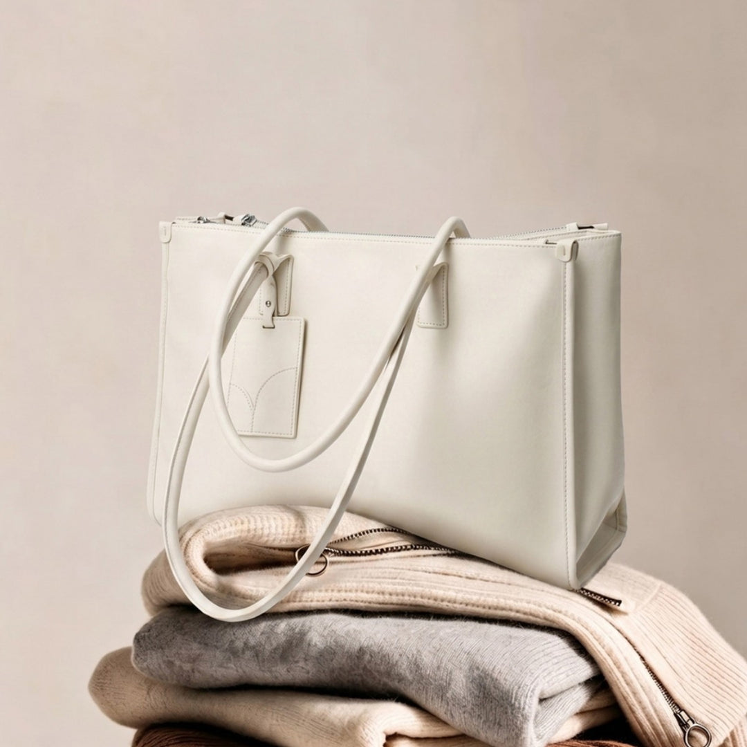 Glattes veganes Leder strukturiert Top-Zip Tote mit doppelten gerollten Griffen und Gepäckanhänger