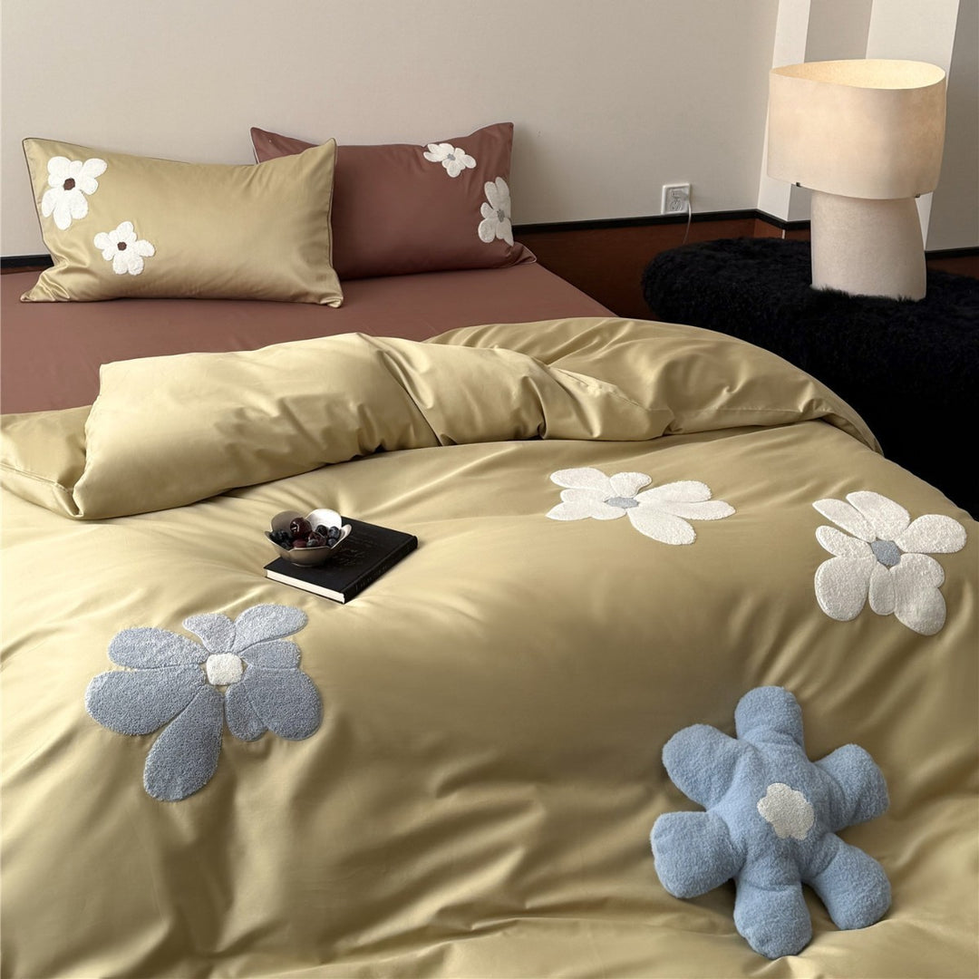 Floral Appliqué Satin-Feel Bettbezug Set mit Chenille Blumenakzenten