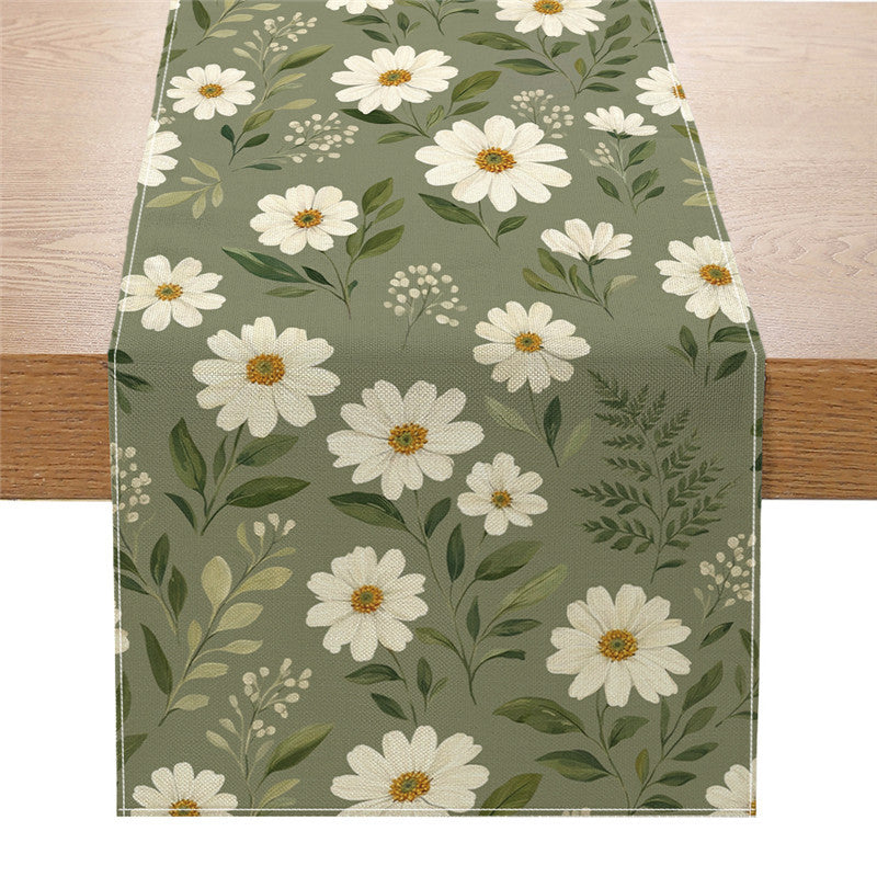 Dekorativer Leinenmischstoff-Tischläufer mit Aquarellblumen-Cascade und geometrischer Bordüre
