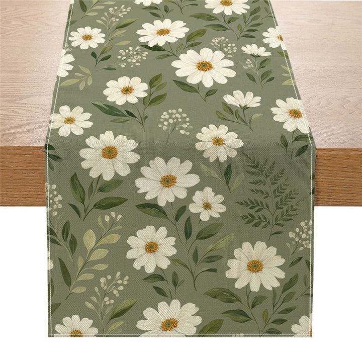 Dekorativer Leinenmischstoff-Tischläufer mit Aquarellblumen-Cascade und geometrischer Bordüre
