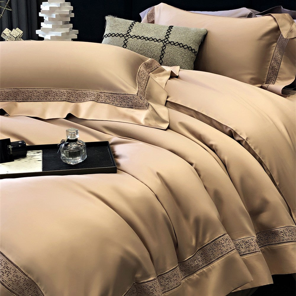 Premium-Baumwollsatin-Bettbezug-Set mit dekorativer Lochstickerei und verdecktem Hotelverschluss