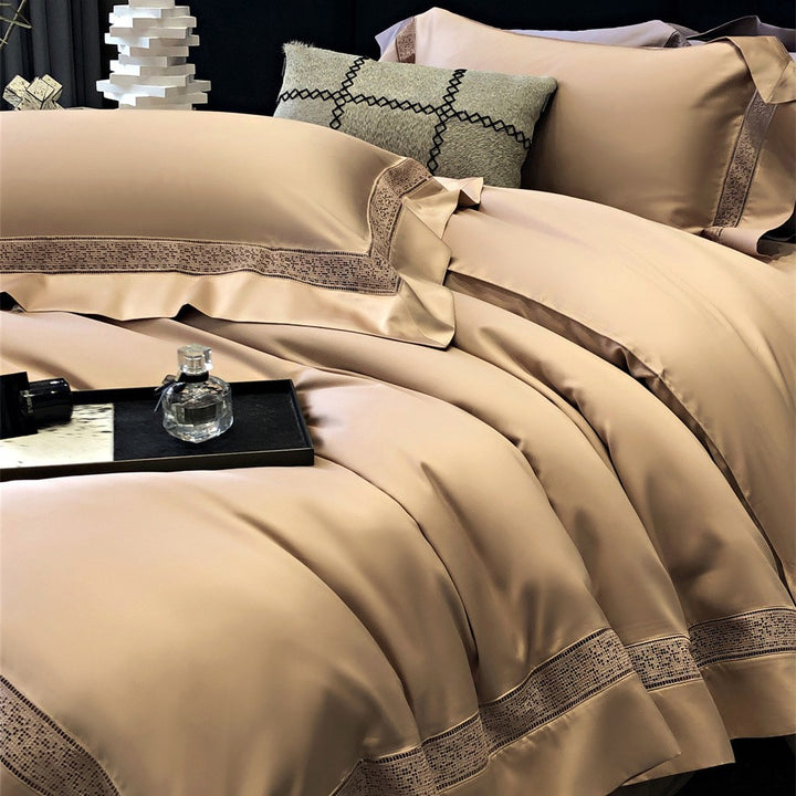 Premium-Baumwollsatin-Bettbezug-Set mit dekorativer Lochstickerei und verdecktem Hotelverschluss