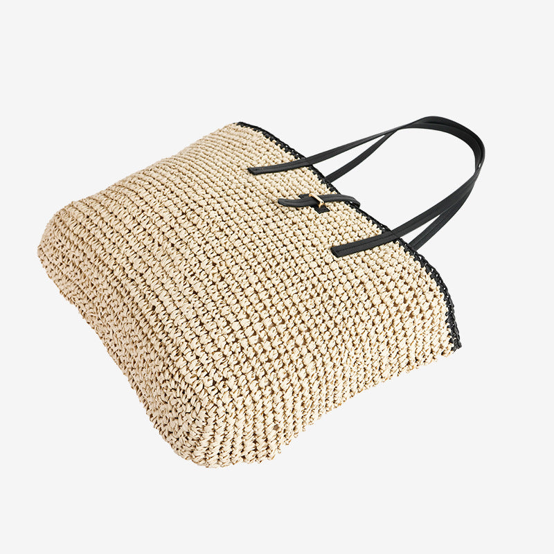 Damen Handtasche aus geflochtenem Naturmaterial mit Ledergriffen Karnz