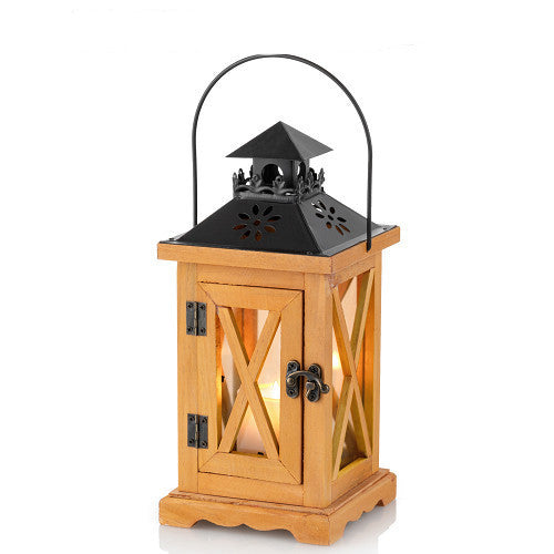 Rustikale Vintage-Holz-Glas-gemusterte dekorative Kerzenlaterne mit Metalloberseite und Traggriff Karnz