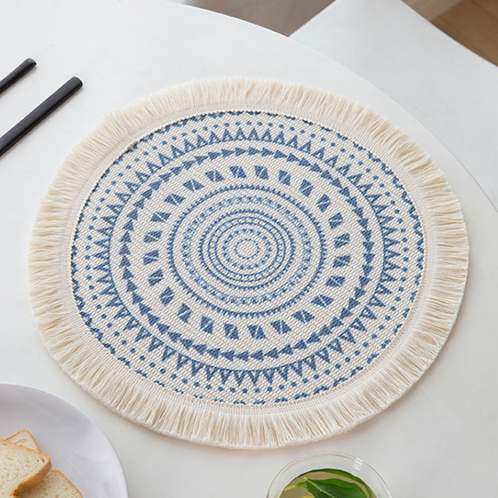 Rundes gewebtes Tisch-Platzset mit Fransenrand und Mandala-Jacquard