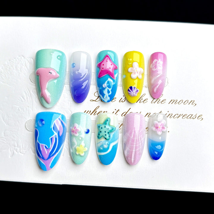 Lebendige vom Ozean inspirierte Press-On Nagelkunst-Set