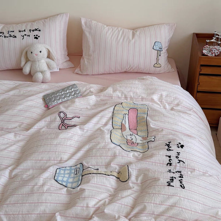 Bestickte Baumwoll-Bettdeckenbezug-Sets mit niedlichem Bären-Patchwork