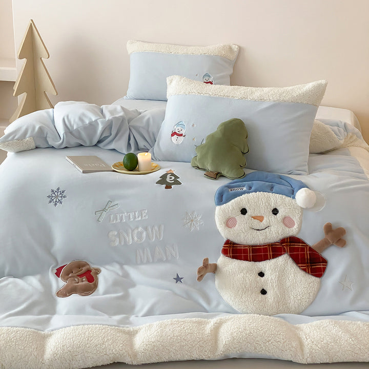 Kindermantel Sherpa-Besatz bestickte Schneemann Bettwäsche Set mit Kissenbezügen