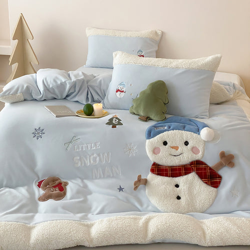 Kindermantel Sherpa-Besatz bestickte Schneemann Bettwäsche Set mit Kissenbezügen