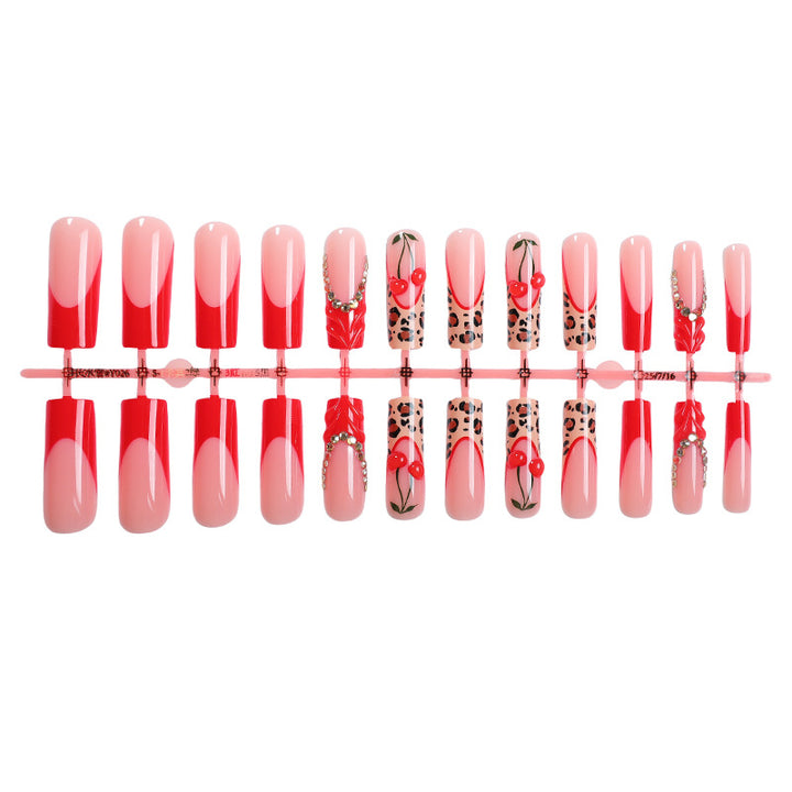 Künstlerisches Press-On-Nagelset mit Kirsch- und Tiermotiven Karnz