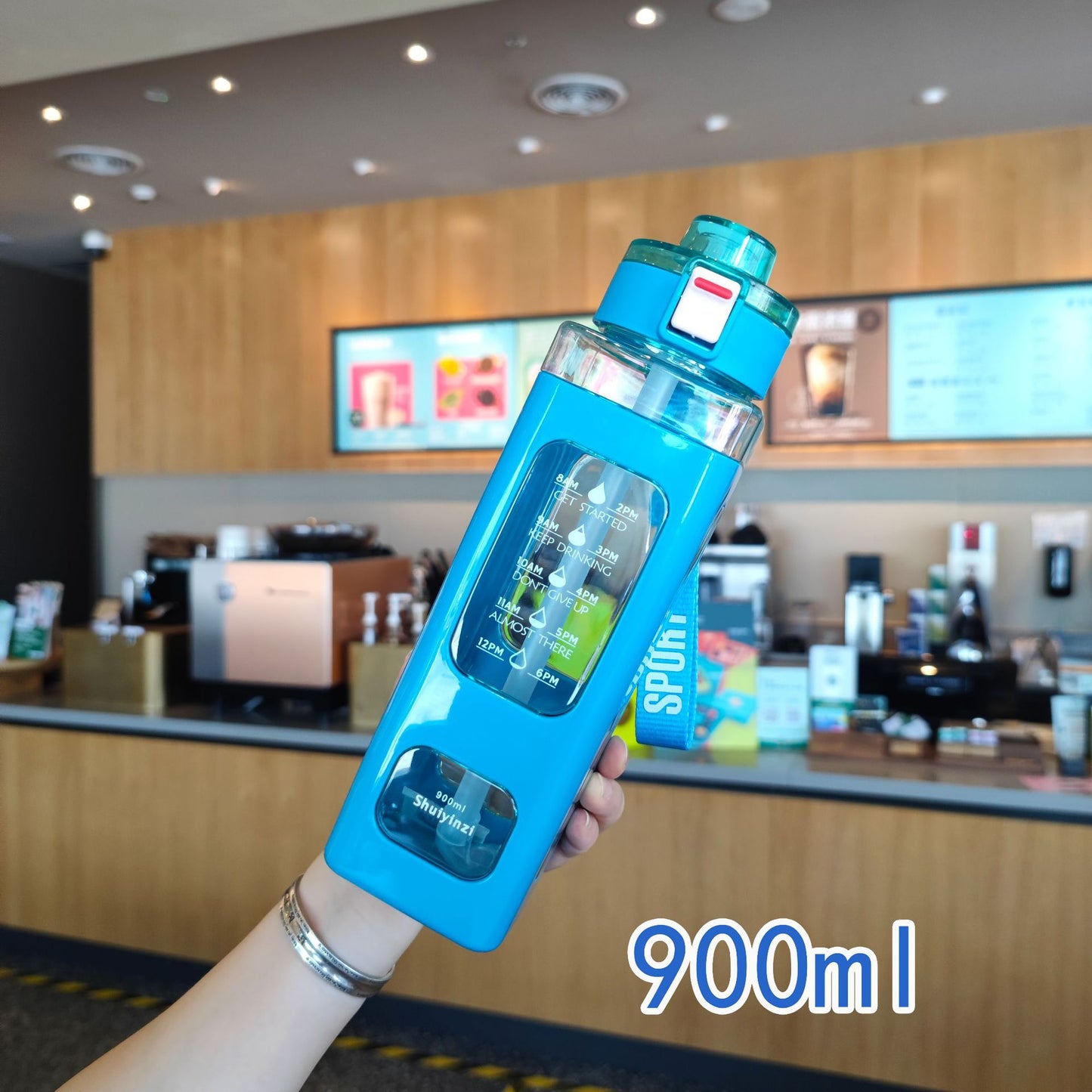 Damen Trinkflasche mit integrierter Zeitmarkierung und Strohhalm Karnz
