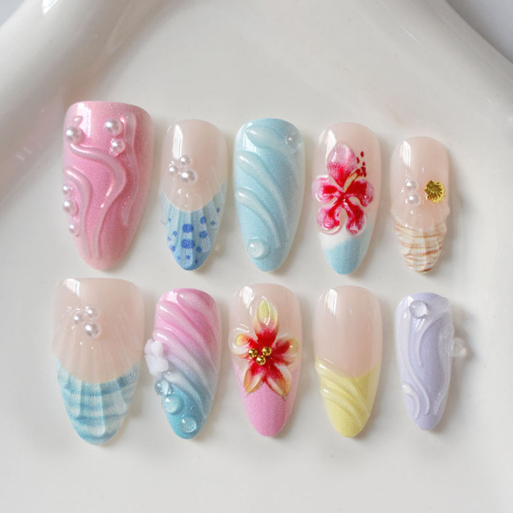 Dekorative 3D Blumen- und Muschel-Press-On-Nagelkunst Karnz