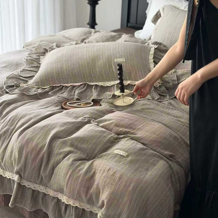 Vintage-Textured Gauze Duvet Cover Set with Layered Ruffle Hem & Crochet Lace Edge