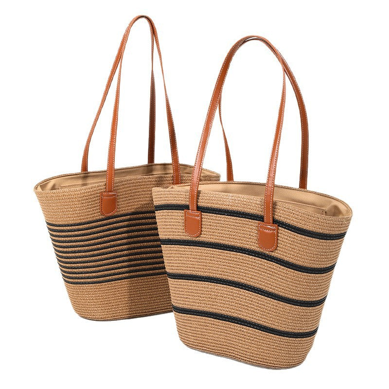 Damen elegante Strohtasche mit stilvollen Ledergriffen Karnz
