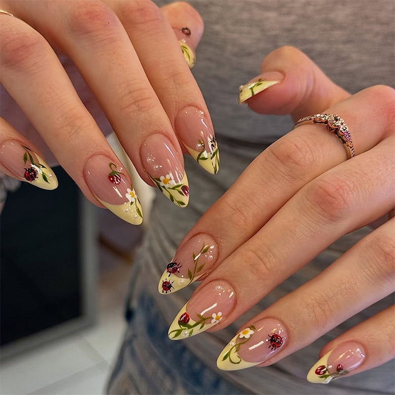 Floral Print Press-On Nails Set with Ladybug and Bee Designs Karnz