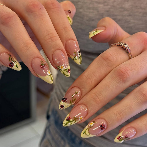 Floral Print Press-On Nails Set with Ladybug and Bee Designs Karnz