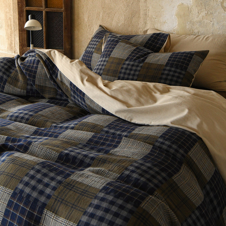 Patchwork Karo Baumwoll-Leinen Bettbezug Set mit Wendbarem Naturrücken