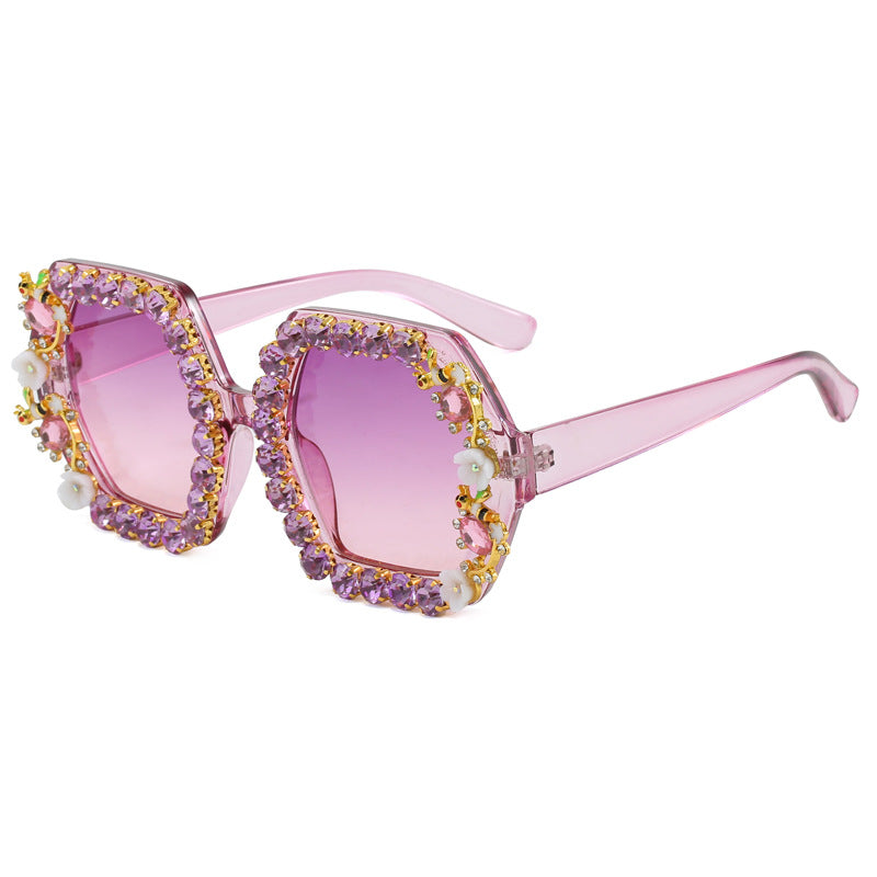 Damen extravagante Hexagon-Sonnenbrille mit Kristallverzierung Karnz