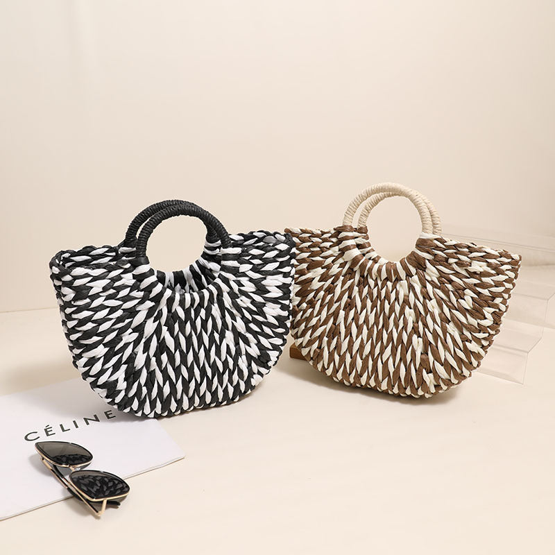 Damen Trendige Bast-Handtasche mit rundem Griff Karnz
