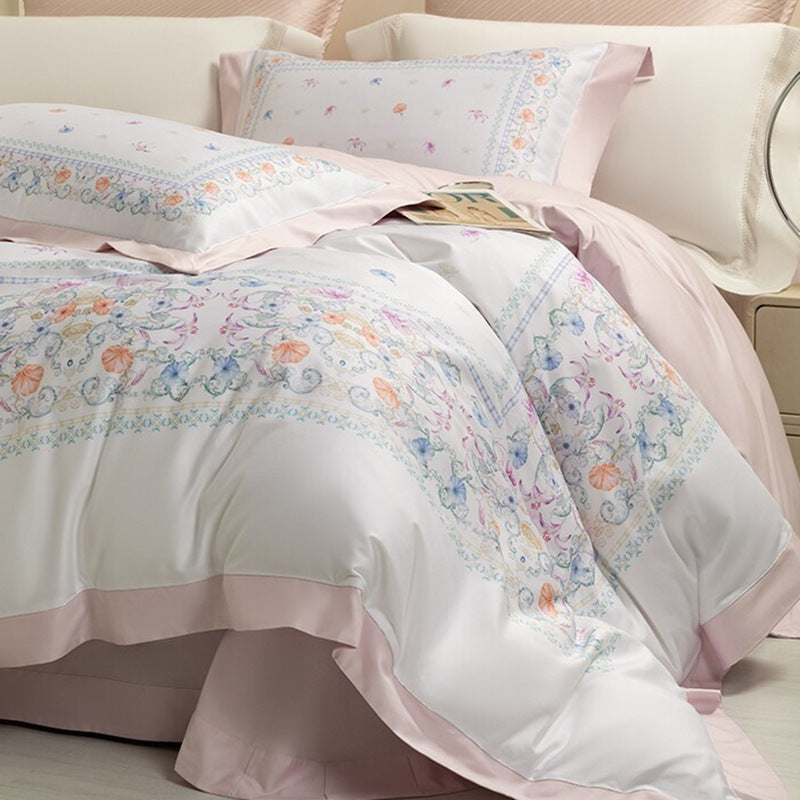 Pastellblumen Baumwollsatin Bedrucktes Bettbezug-Set mit Satinbesatz Bettrock