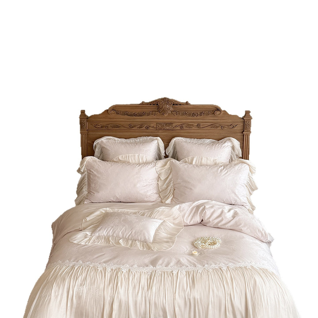 Luxuriöses Satin-Jacquard-Bettwäscheset mit Plissee-Bettrock und feiner Spitzenbordüre