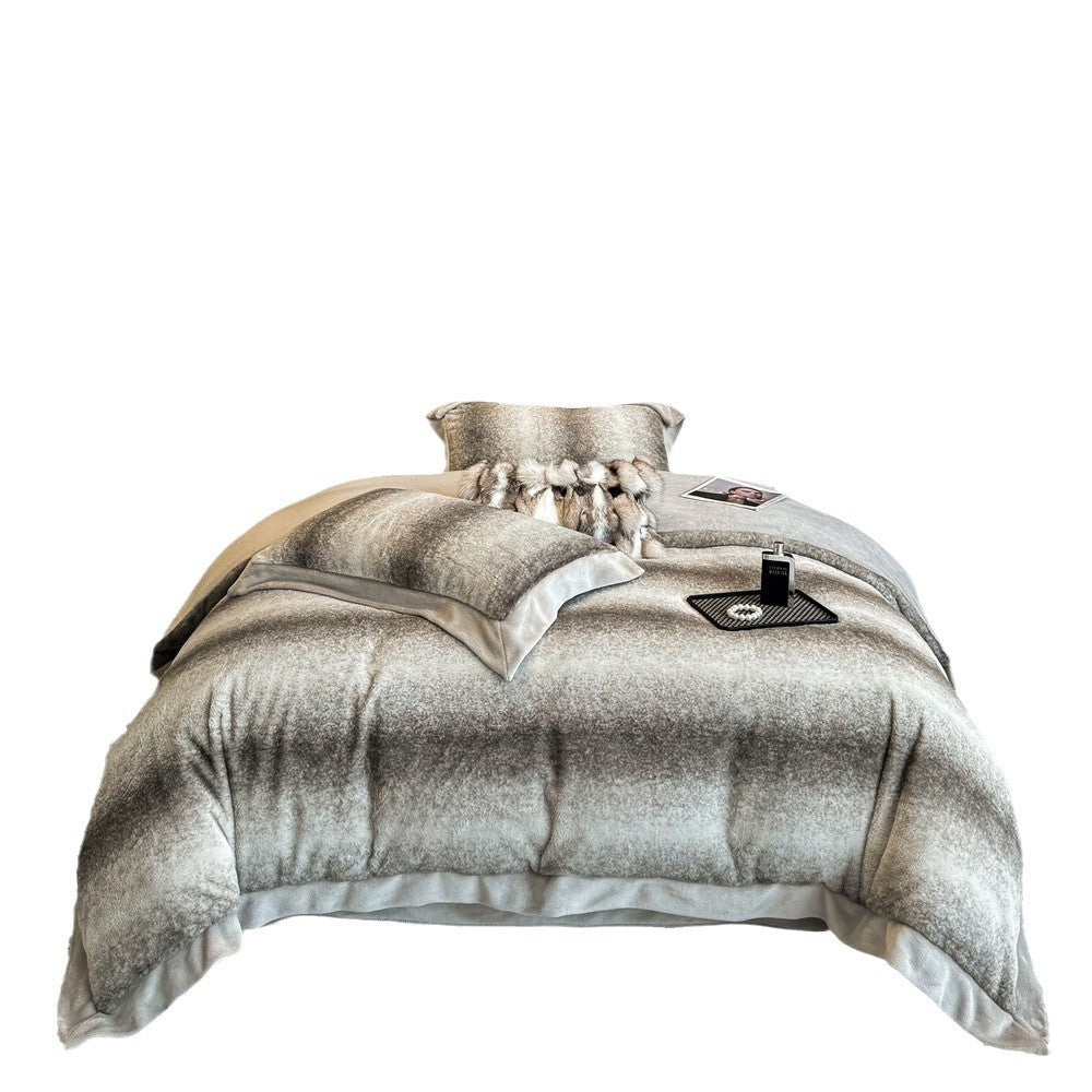 Wohliges Microfleece-Bettwäscheset mit Ombre-Verlauf und Faux-Fur-Zierkissen