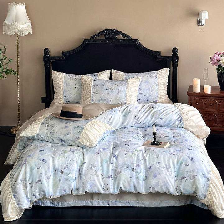 Elegantes Satin-Bettwäscheset mit Aquarell-Blumenmuster, Volant und gerafften Kissenbezügen